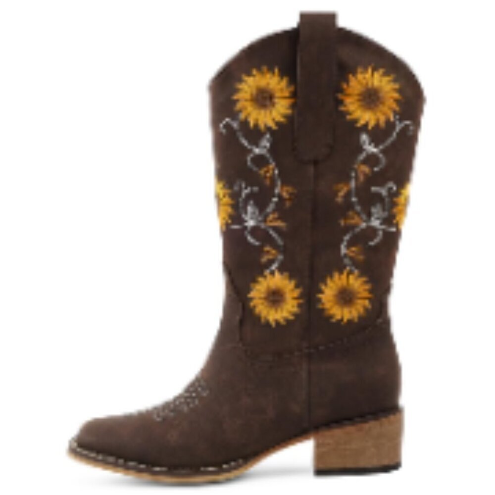 Faux Leather Cowboy Boots with Sunflower Embroidery, Square Toe, Chunky Heel - Picture 4 of 7